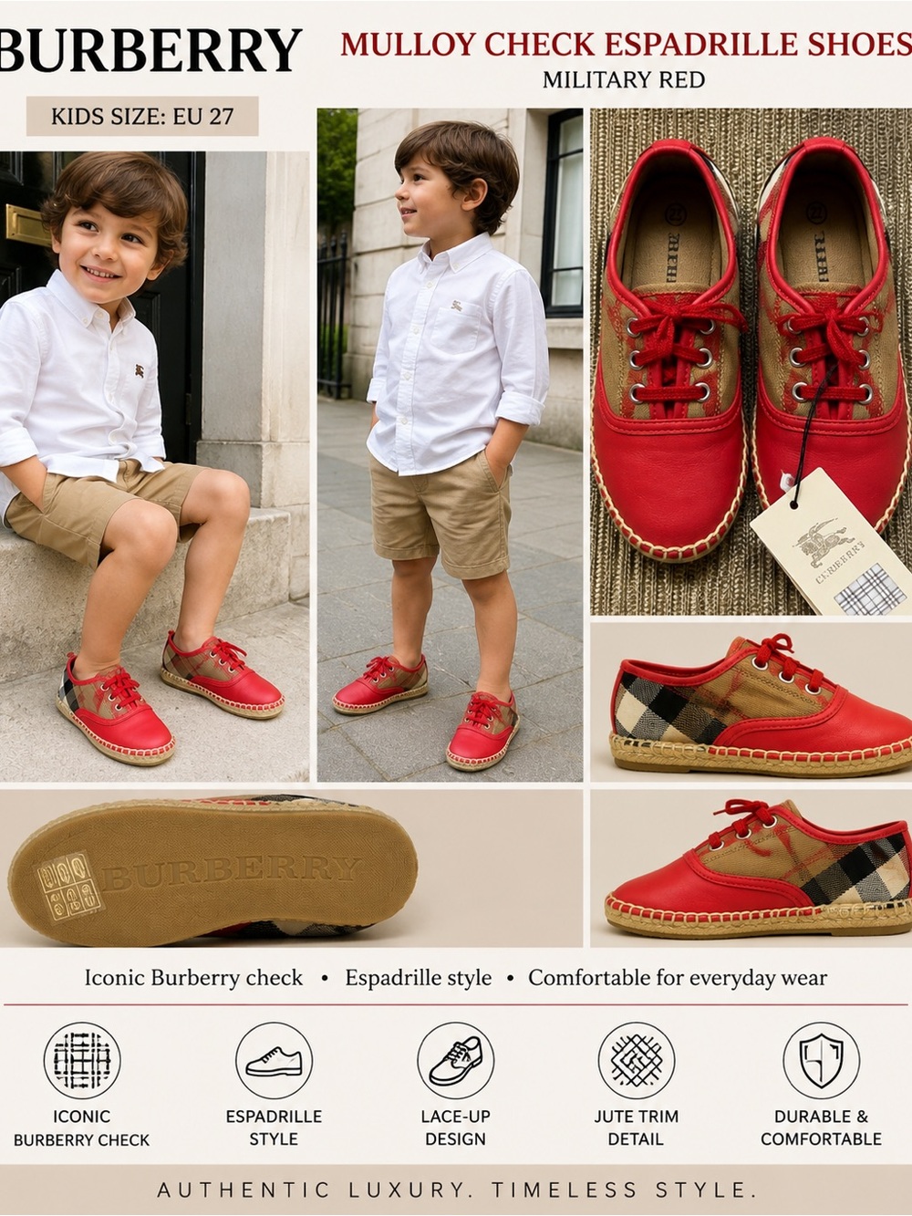 Burberry Kids Mulloy Check Espadrille Shoes Military Red EU 27 US 10 NWT